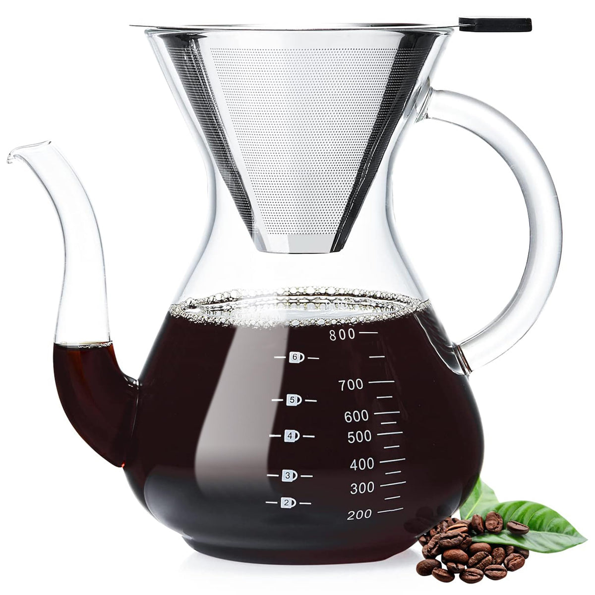 Unbreakable pour-over coffee maker setup with double filter for precise extraction.