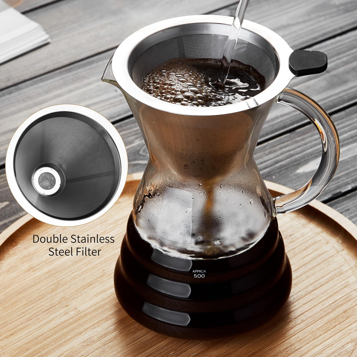 Unbreakable stovetop-safe coffee brewer designed for convenient on-demand brewing.