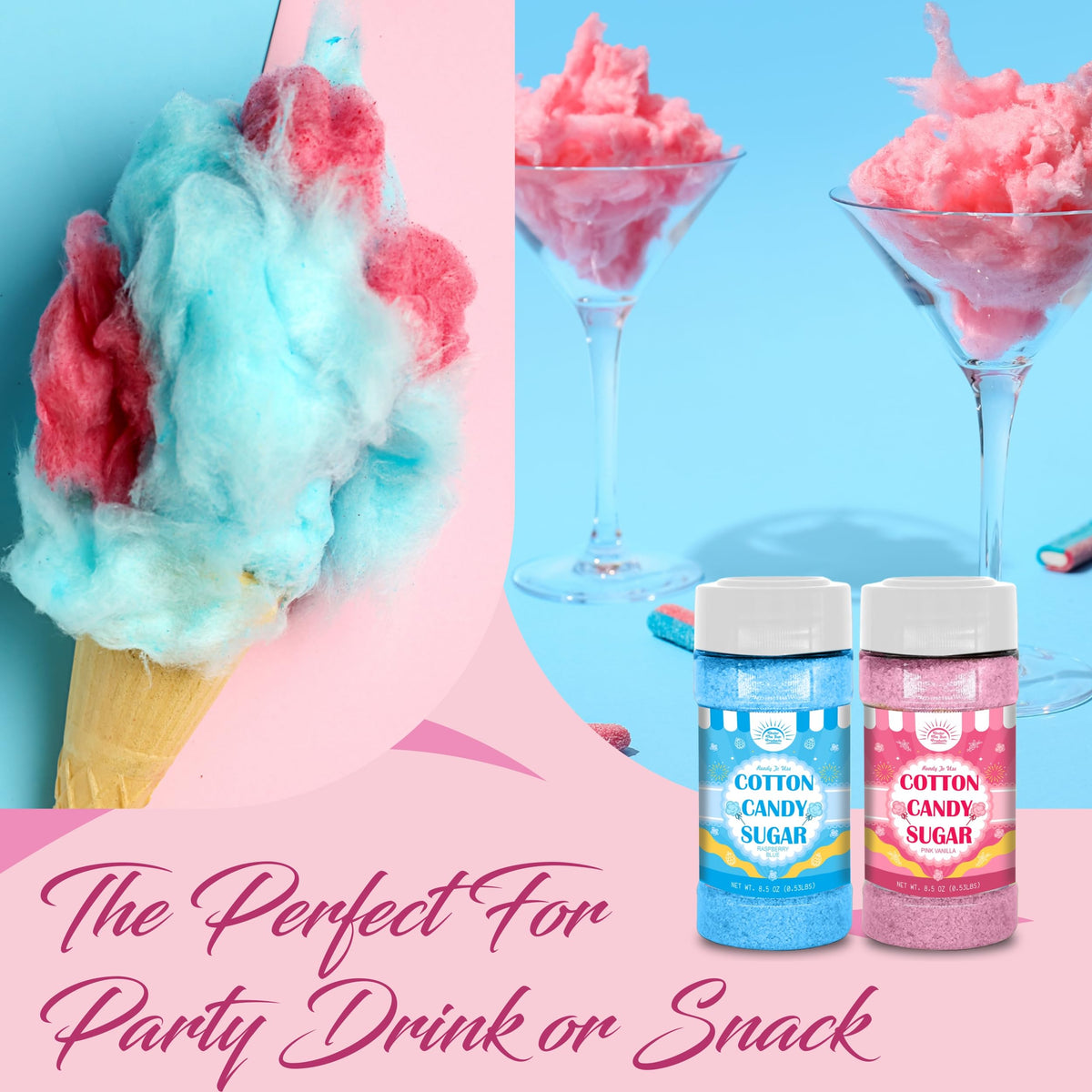 Close-up of Pink Vanilla and Blue Raspberry crystals from Under the Sun