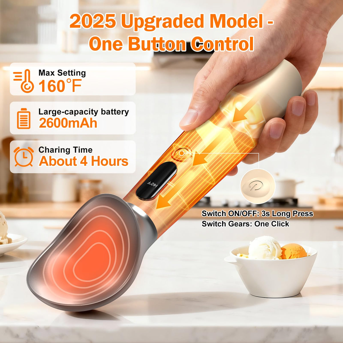 Undersary ergonomic handle eases scooping for seniors and weak hands.