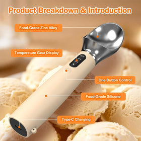Undersary heated ice cream scoop with zinc alloy head heats evenly and resists rust.