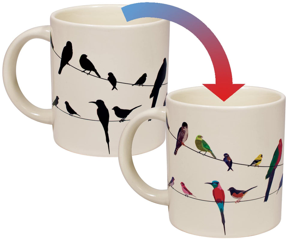 The Unemployed Philosophers Guild Birds on a Wire mug reveals colorful bird silhouettes when hot