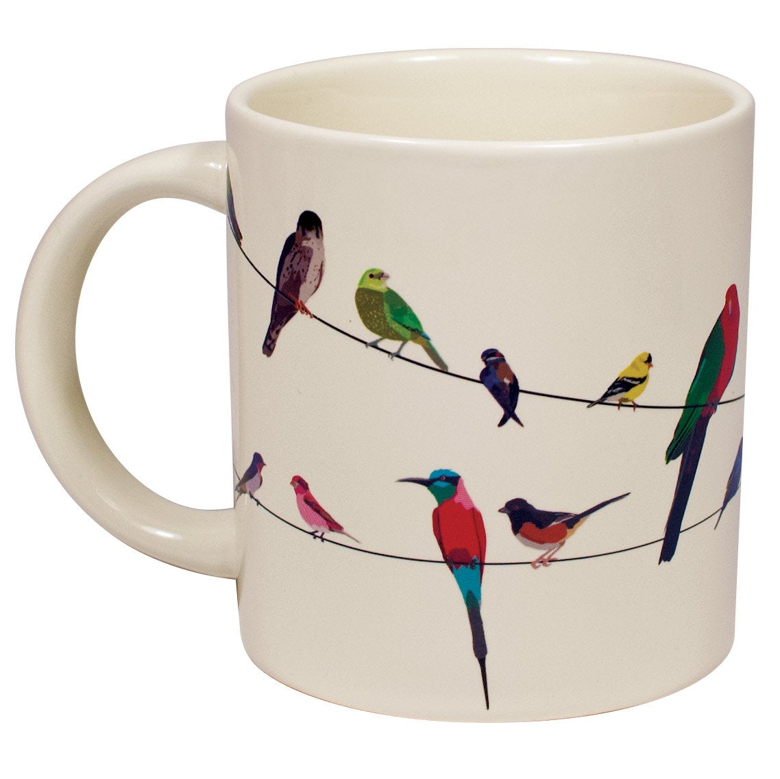 The Unemployed Philosophers Guild Birds on a Wire mug requires hand washing