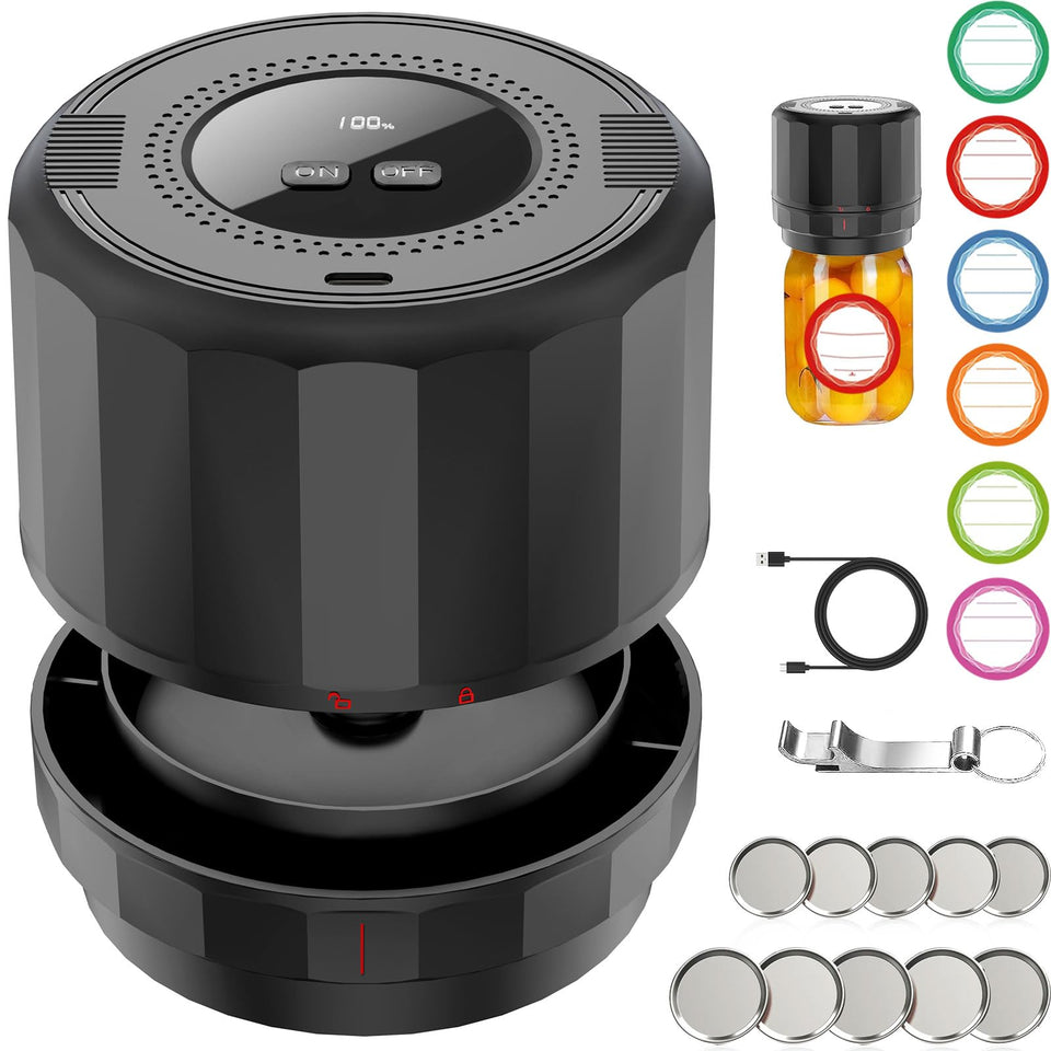 UNERVER M11 electric mason jar sealer with wide-mouth lids for airtight storage.