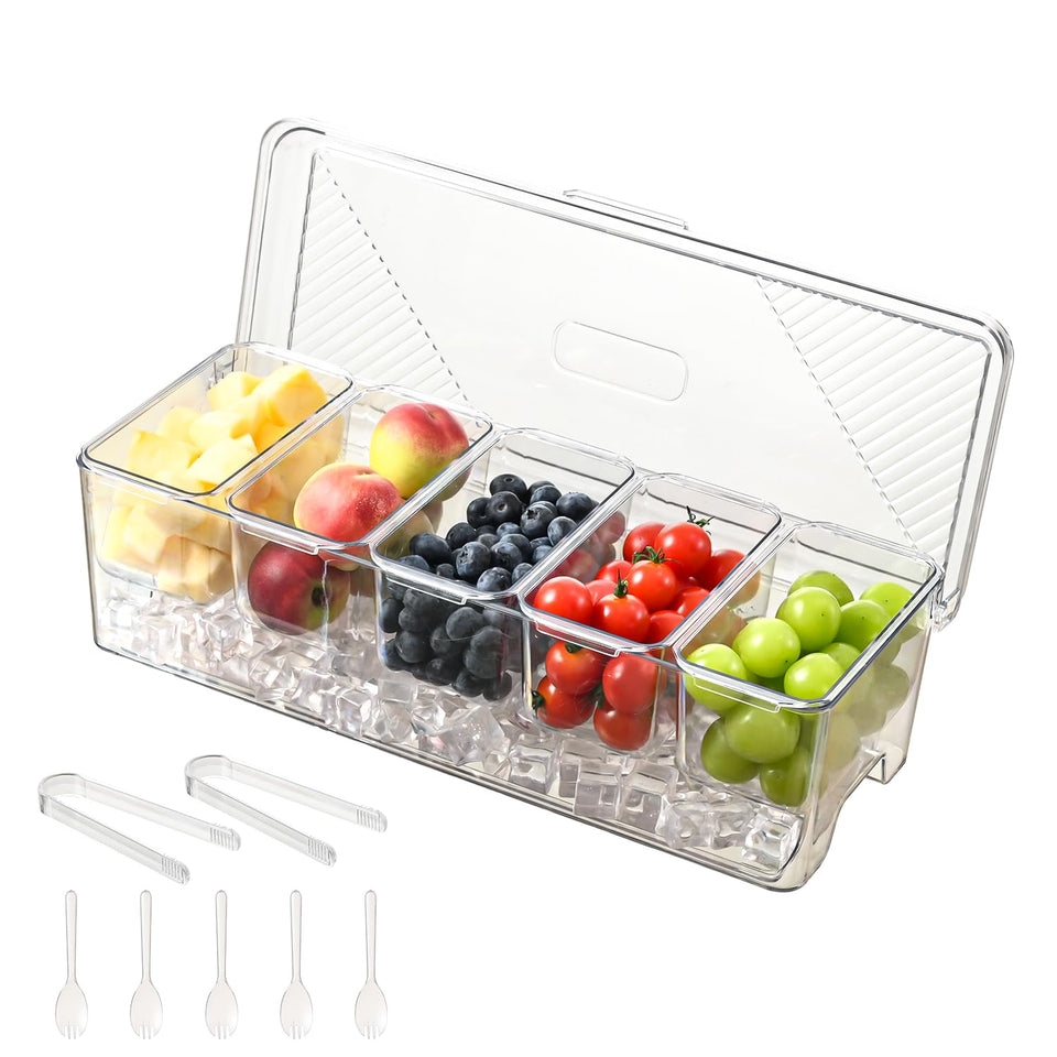 Uni HIMO large chilled condiment caddy with five compartments for organized outdoor serving.
