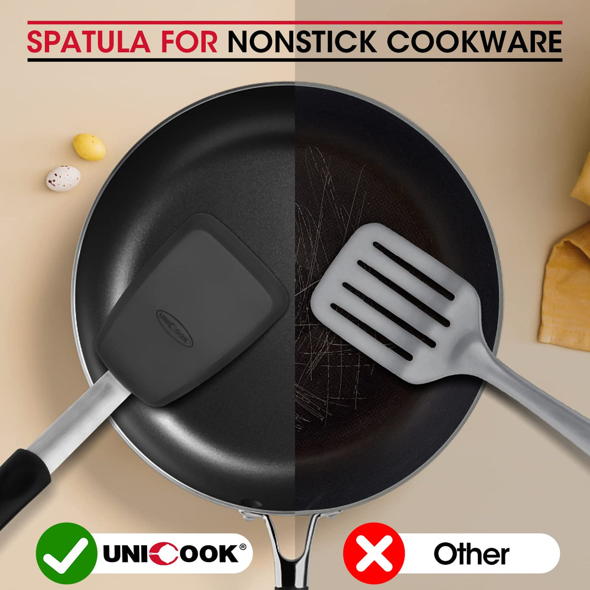 Unicook silicone spatula with soft non-slip handle for comfortable control.