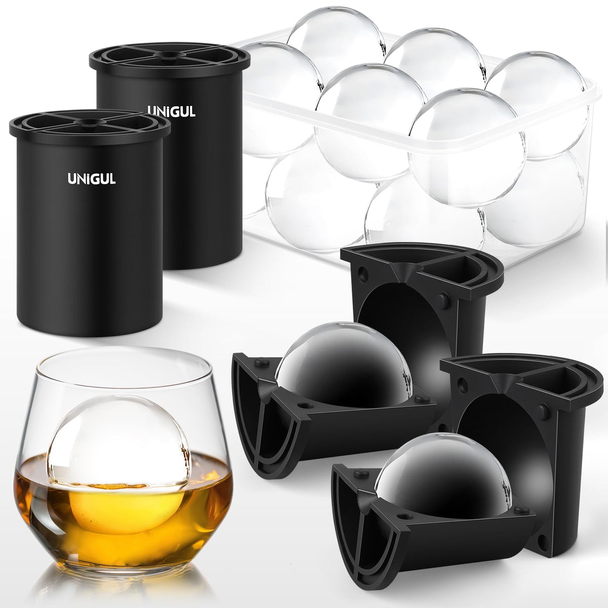 Unigul clear ice cube maker with sphere mold for slow-melting whiskey ice.