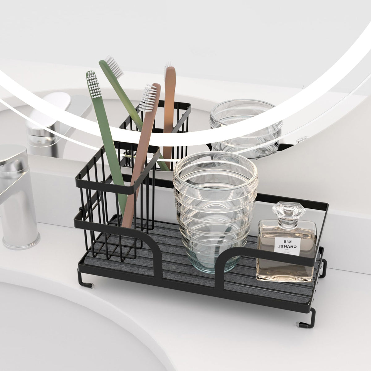 Uninol compact sink organizer saves counter space while storing essentials.