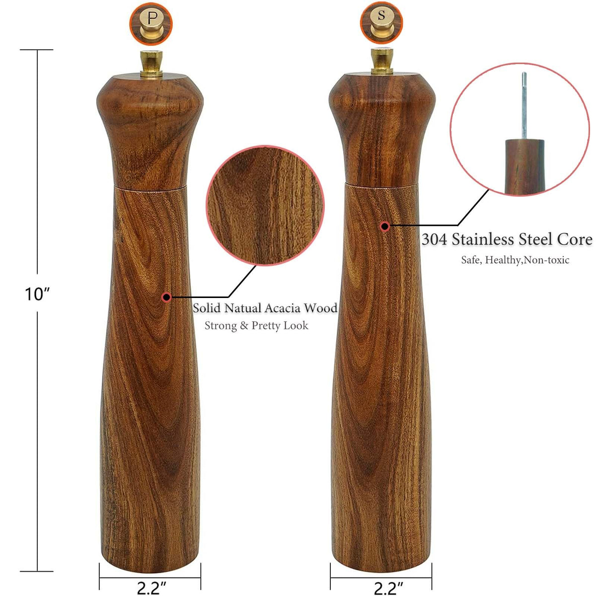 UNIOVC acacia pepper grinder with top-refill design, close-up.