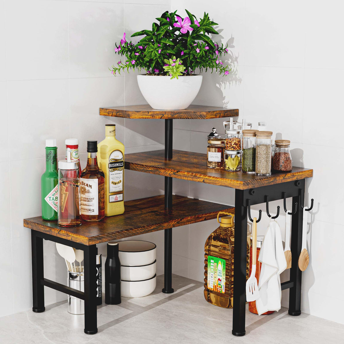 Uniqcovosa 3-tier corner shelf increases countertop space for clutter-free kitchens.