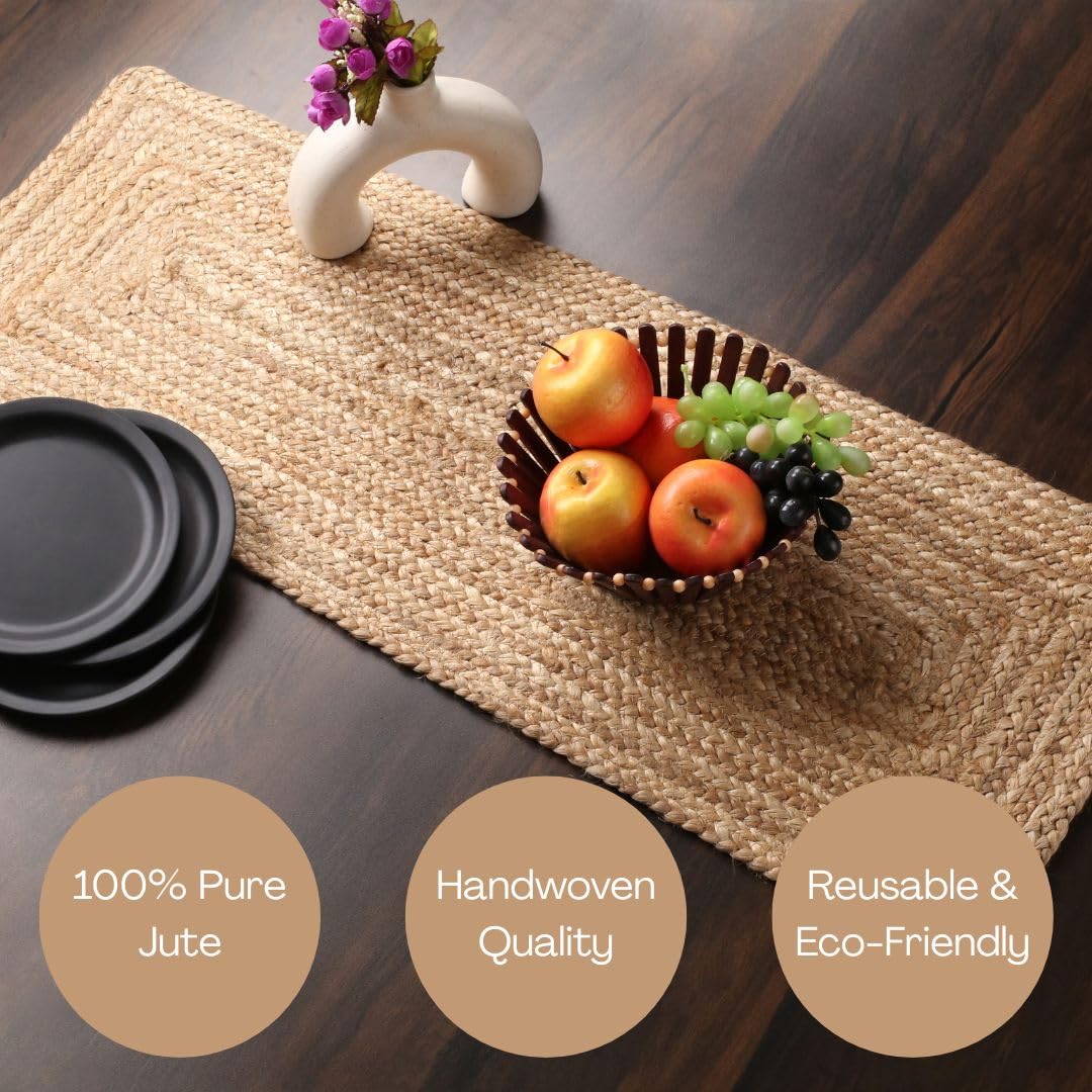 Natural jute table runner shown on dining setup for indoor use