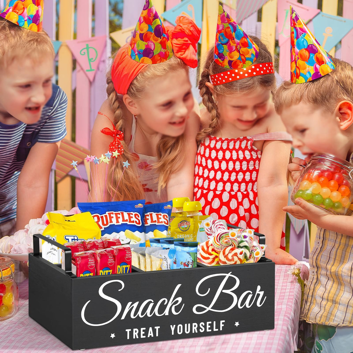 Black farmhouse-style snack bin by Unistyle with durable wood and decorative front lettering.