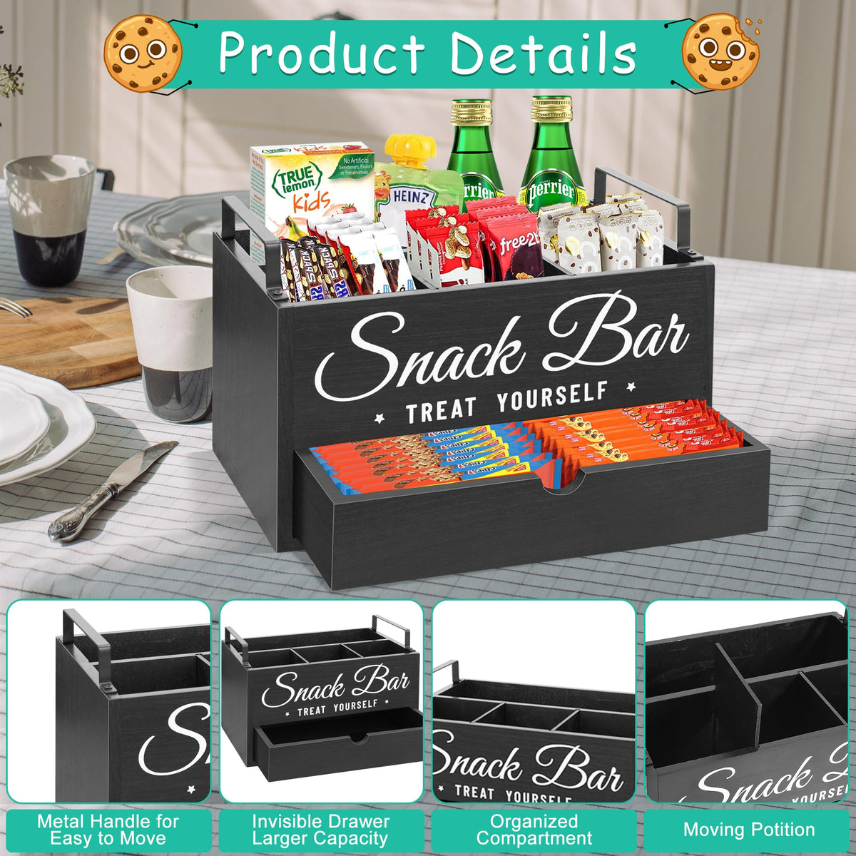Unistyle four-compartment organizer fits drinks, chips, and candy neatly