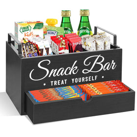 Unistyle snack organizer wood bin with four compartments and a drawer on countertop