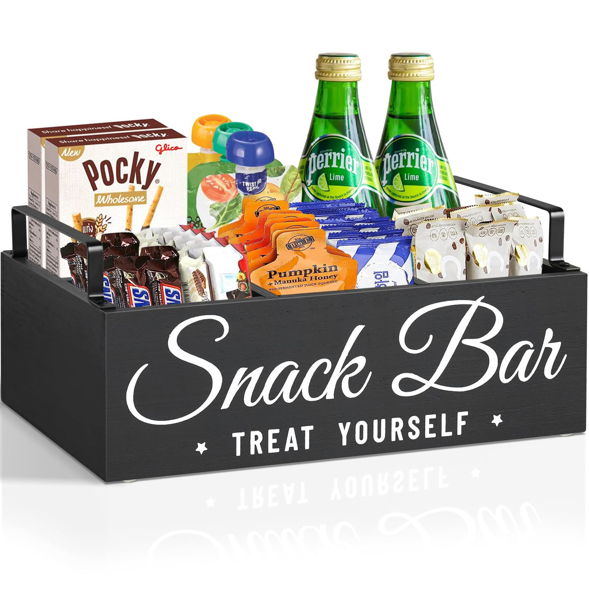 Unistyle wood pantry bin with handles for easy transport and snack organization.