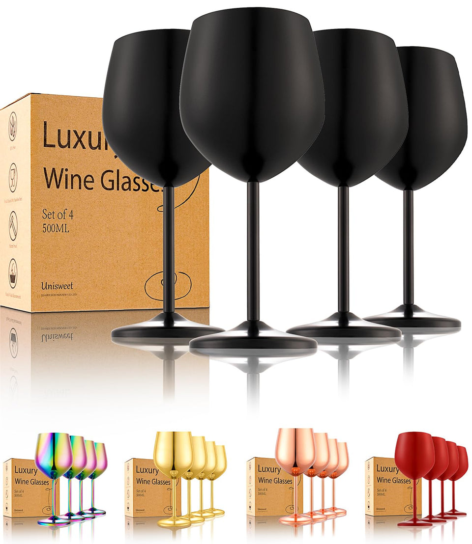UNISWEET stainless steel wine glasses set of 4, matte black, durable for outdoor enjoyment.