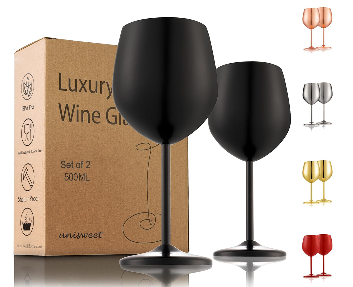 UNISWEET unbreakable 18 oz stainless steel wine glasses for travel and outdoor sipping.