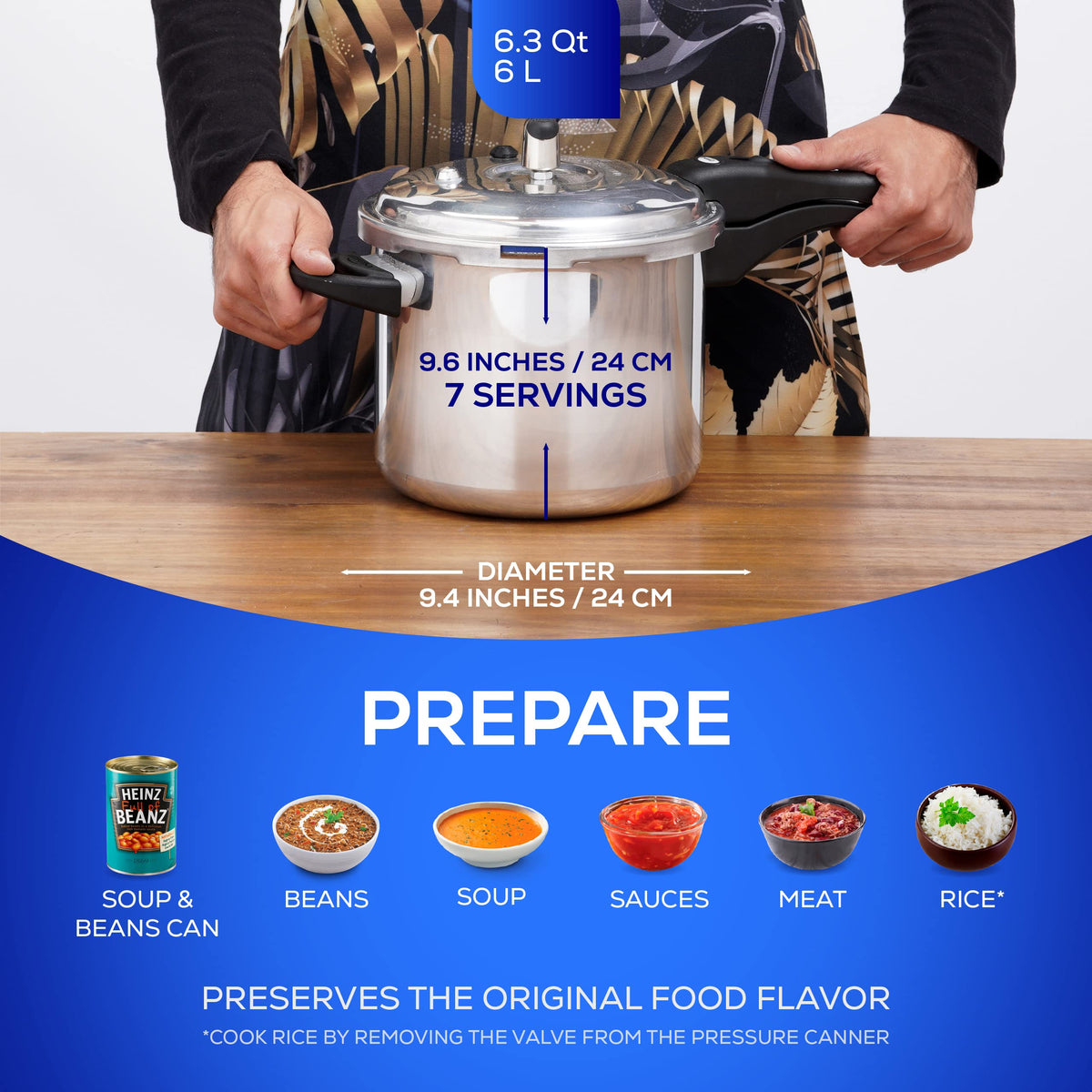 Universal 6.3 Qt lid-lock button for secure operation.