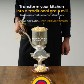 Universal Corona grain mill hand-crank operation for manual control