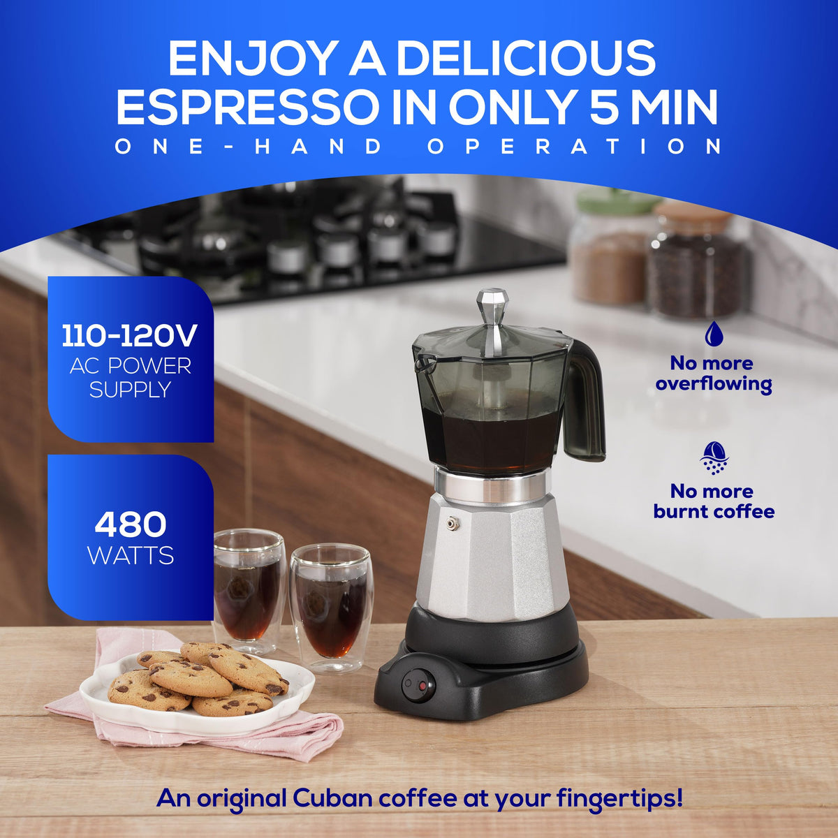 Universal Cuban coffee maker 480W powering fast stove-free brew