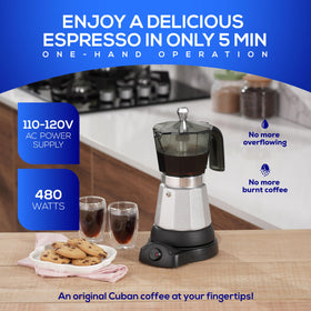 Universal Cuban coffee maker 480W powering fast stove-free brew