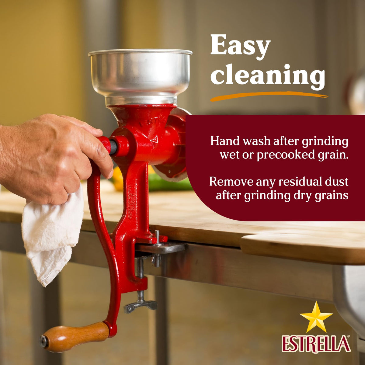 Counter-mount setup of Estrella grinder for stable grinding.