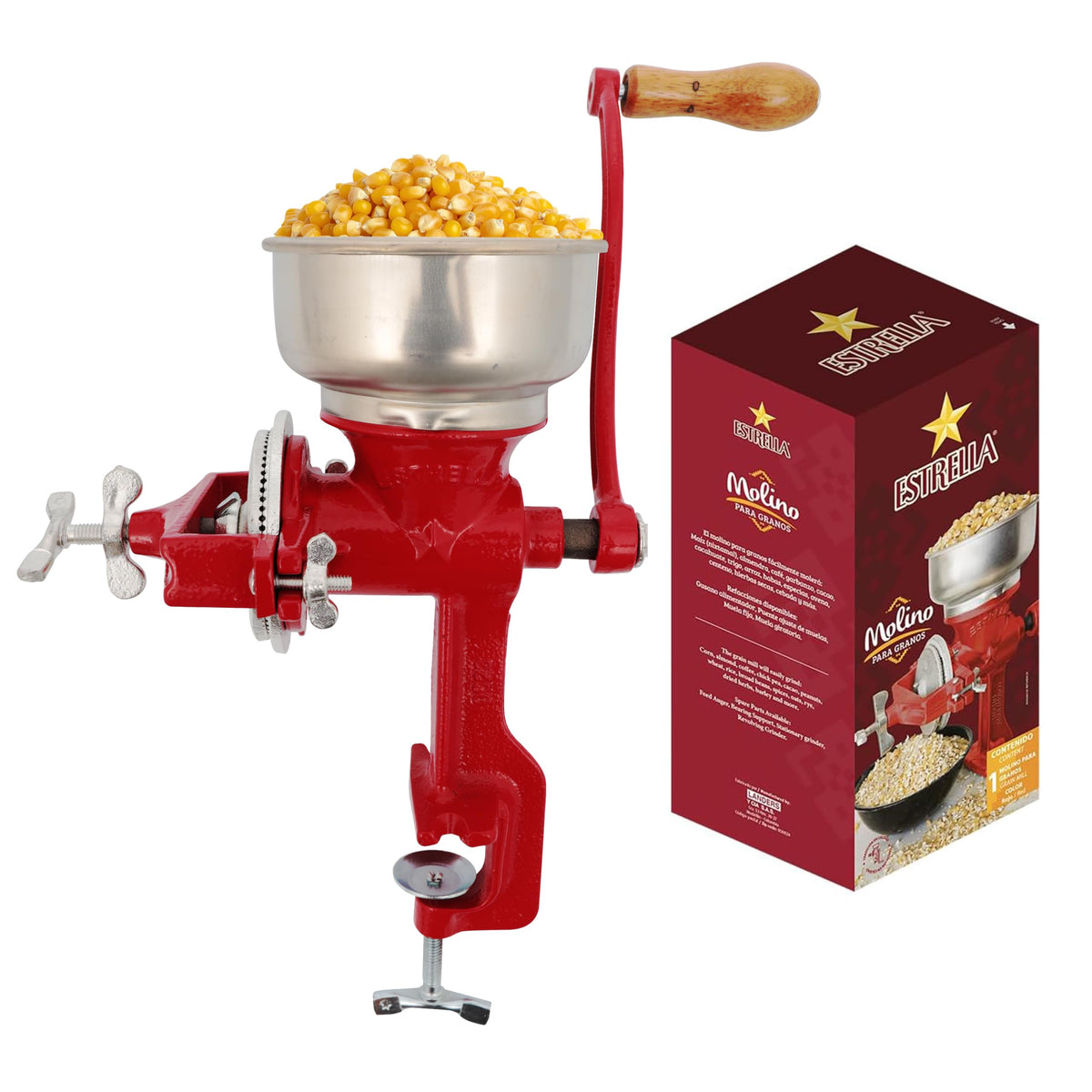 Universal Estrella cast iron grinder front view for fresh corn grinding at home.