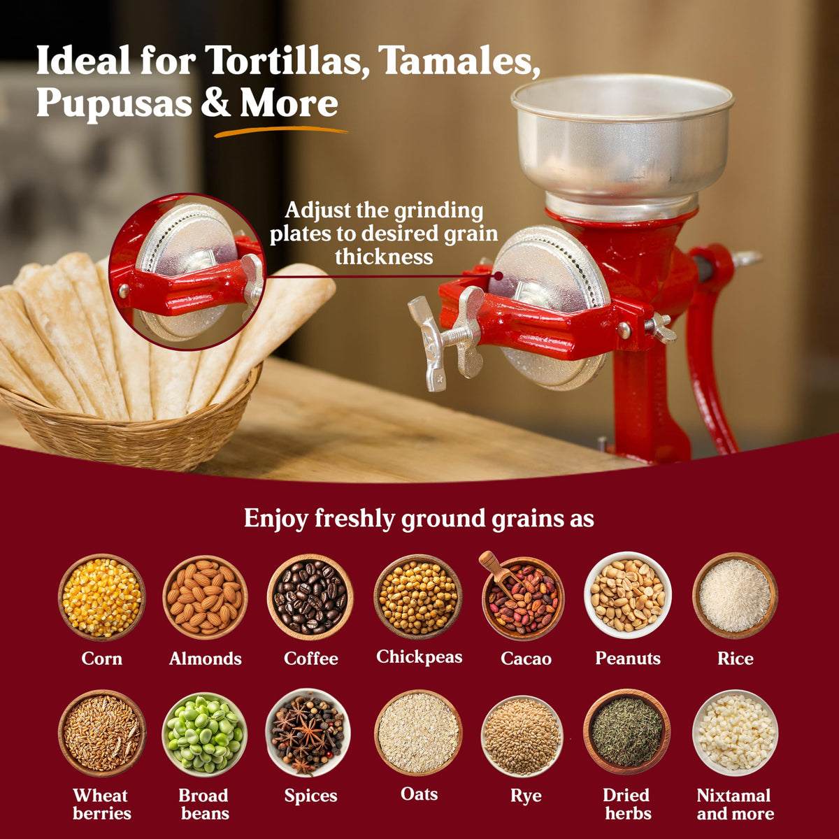 Hopper detail on Estrella grinder highlighting compact design.