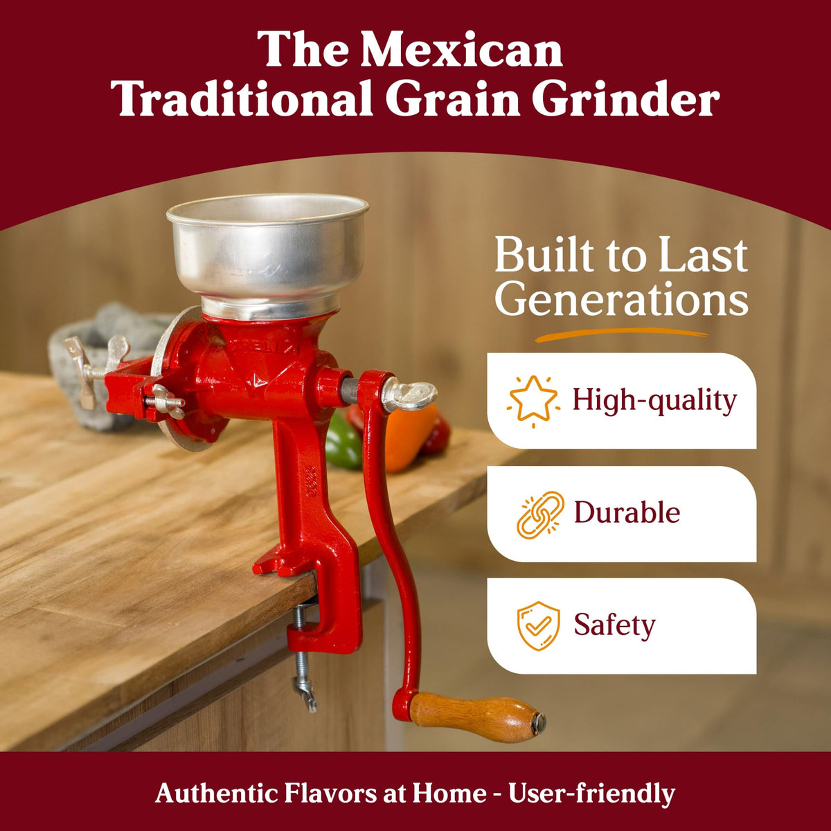 Universal Estrella grinder side hopper detail for easy grain loading.