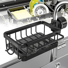 UnIVerse Hub left-side black faucet organizer on round faucet, keeping counter clutter controlled