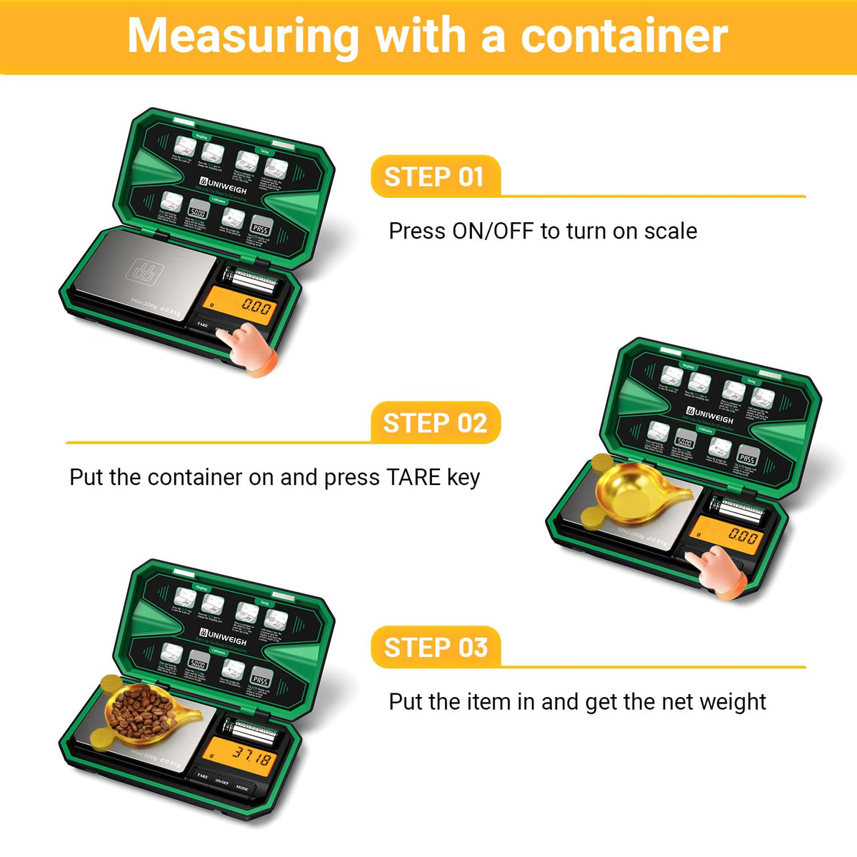 UNIWEIGH 50g calibration weight included for DIY re-calibration.