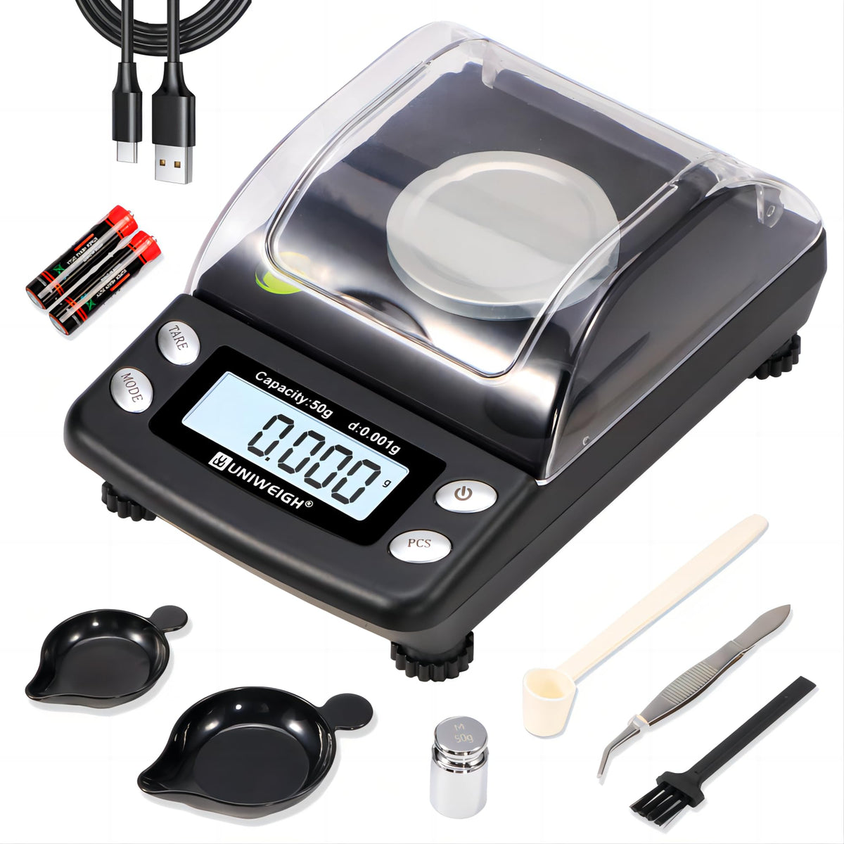UNIWEIGH digital milligram scale displaying precise weight with 50 g capacity