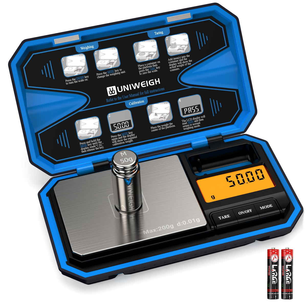 UNIWEIGH digital pocket scale with blue backlit display for precise 0.01 g measurements