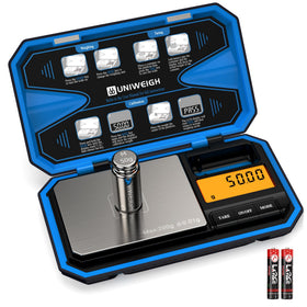 UNIWEIGH digital pocket scale with blue backlit display for precise 0.01 g measurements