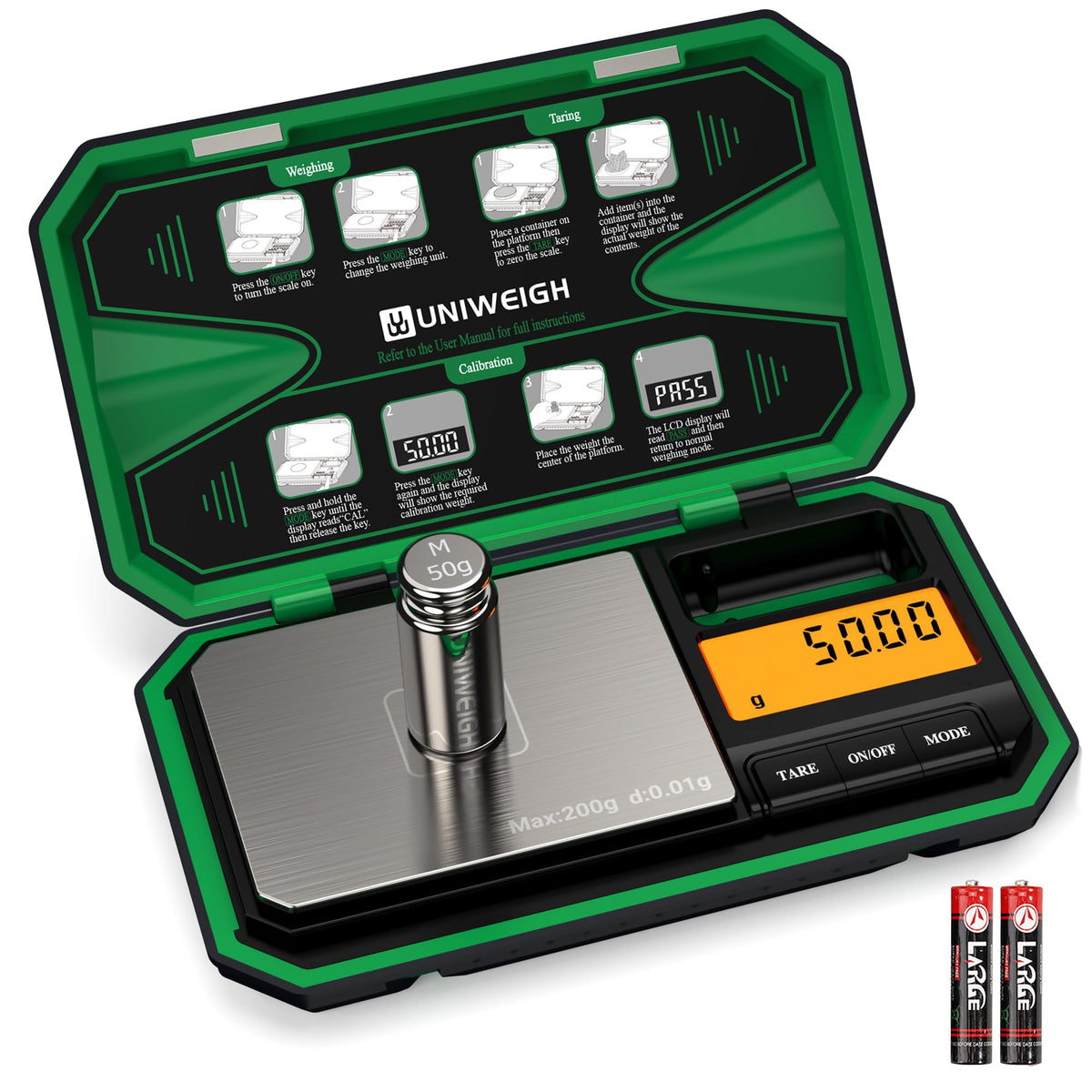 UNIWEIGH pocket scale front view shows compact, portable design for quick on-the-go weighing.