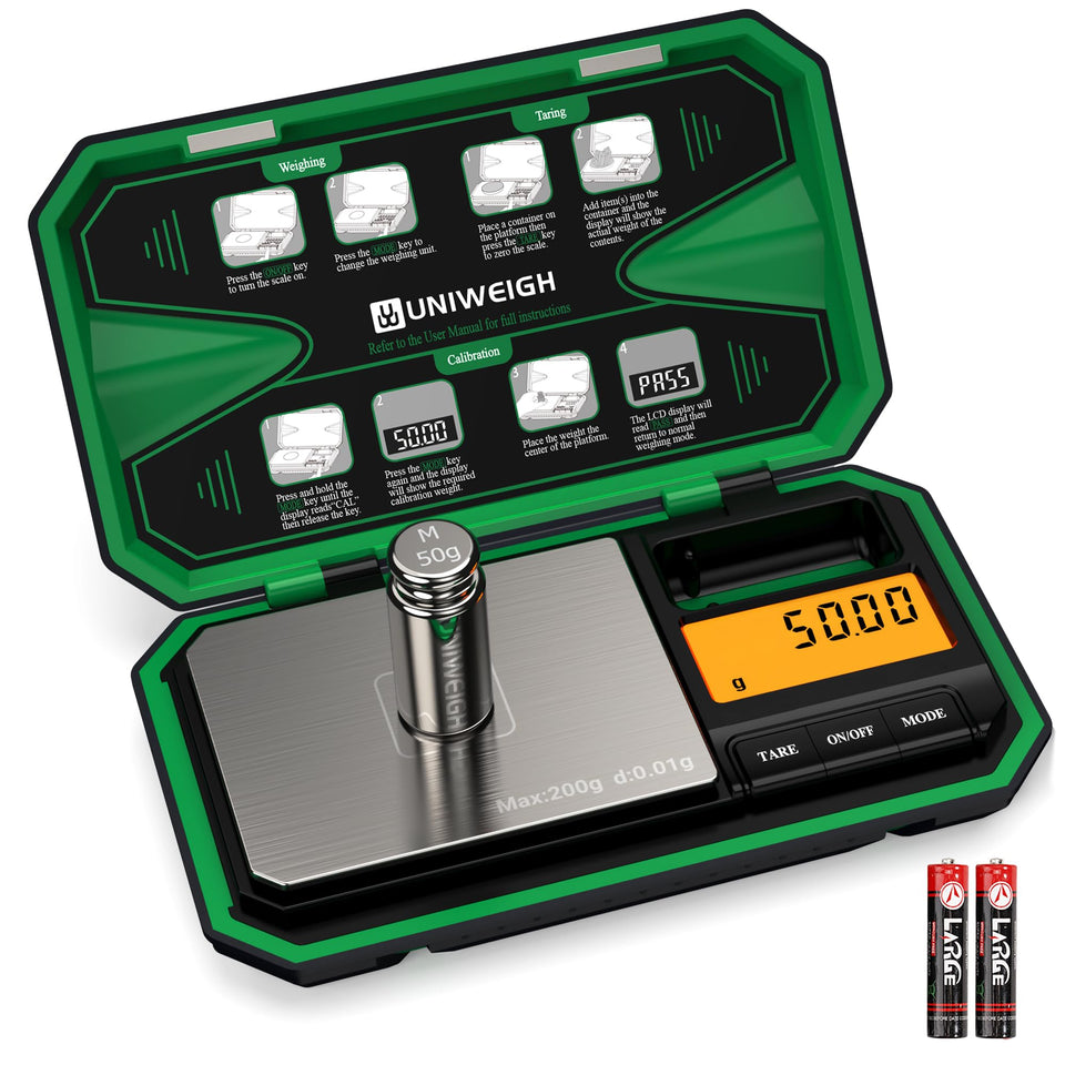 UNIWEIGH pocket scale front view shows compact, portable design for quick on-the-go weighing.