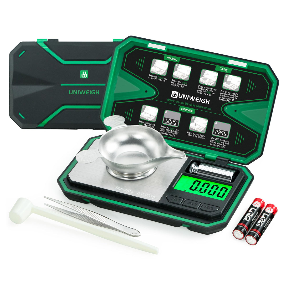 UNIWEIGH milligram scale with clear front display for precise readings.