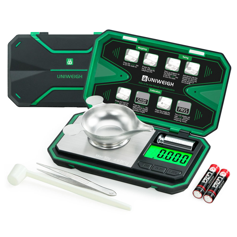 UNIWEIGH milligram scale with clear front display for precise readings.