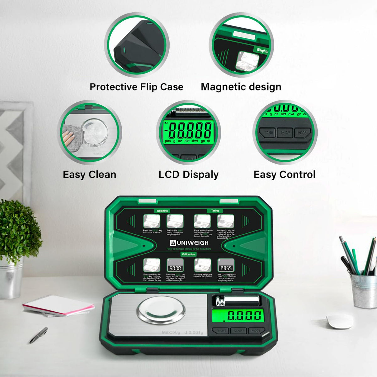 UNIWEIGH scale beside calibration weight for reliable setup.