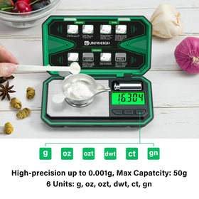 UNIWEIGH scale shows precise 0.001g reads on a bright LCD.