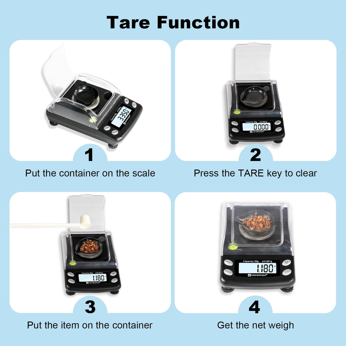 Tare and calibration weight setup for accurate net weight