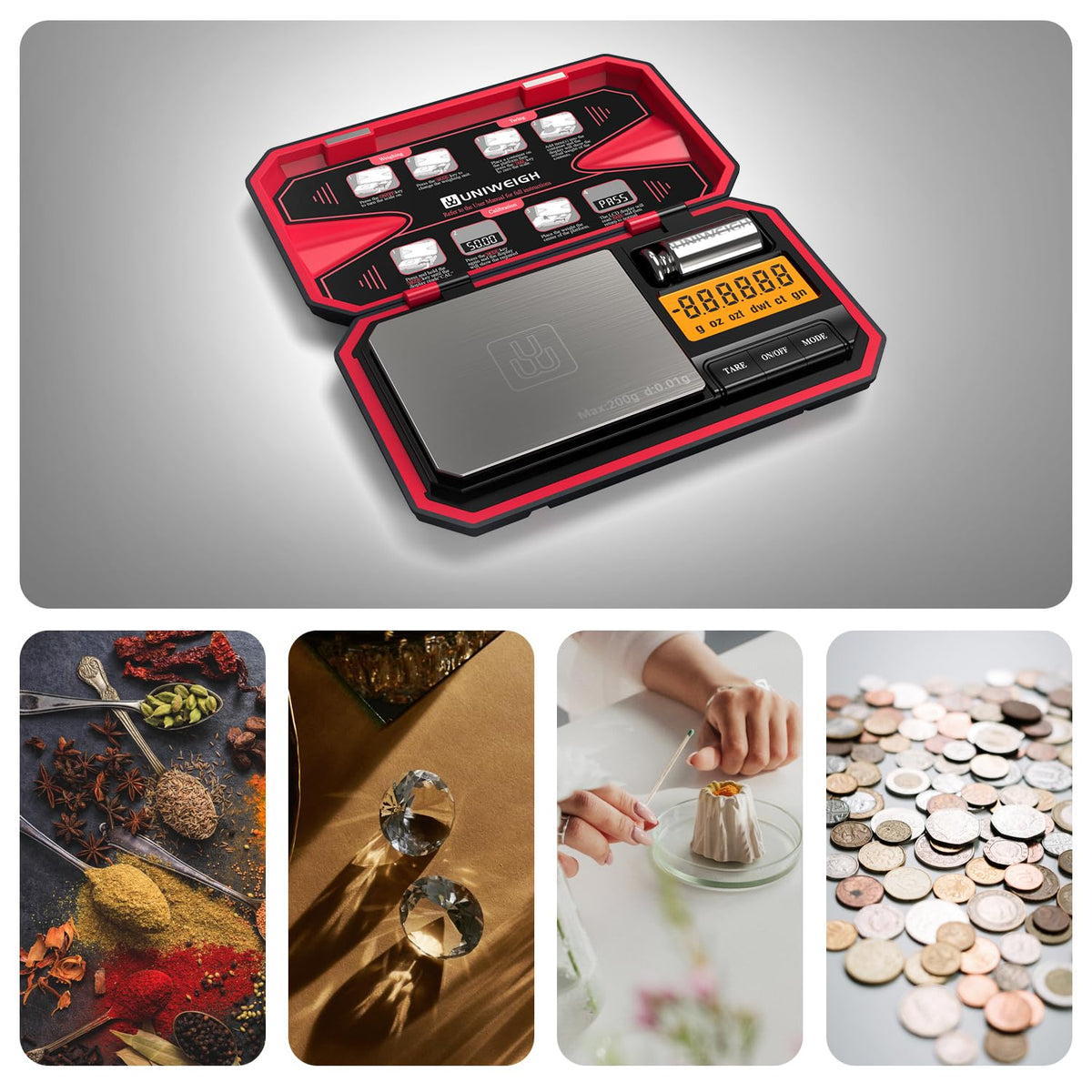UNIWEIGH travel scale in use for tea, spices, or jewelry