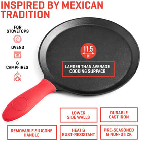 Uno Casa comal with removable silicone handle for safer lifting.