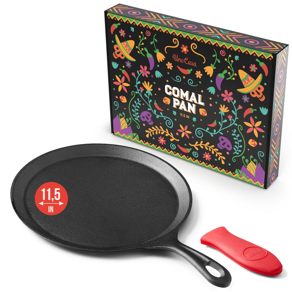 Uno Casa cast iron comal top view with evenly heated tortilla surface.