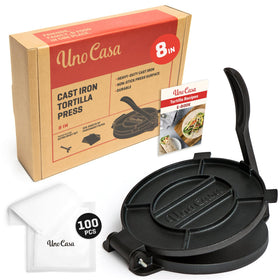 Uno Casa cast iron tortilla press 8-inch for even, restaurant-style tortillas.