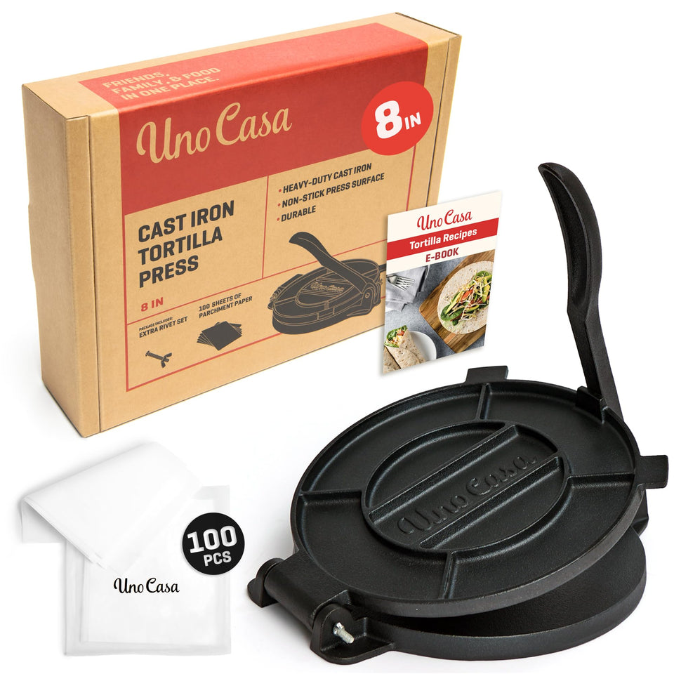 Uno Casa cast iron tortilla press 8-inch for even, restaurant-style tortillas.