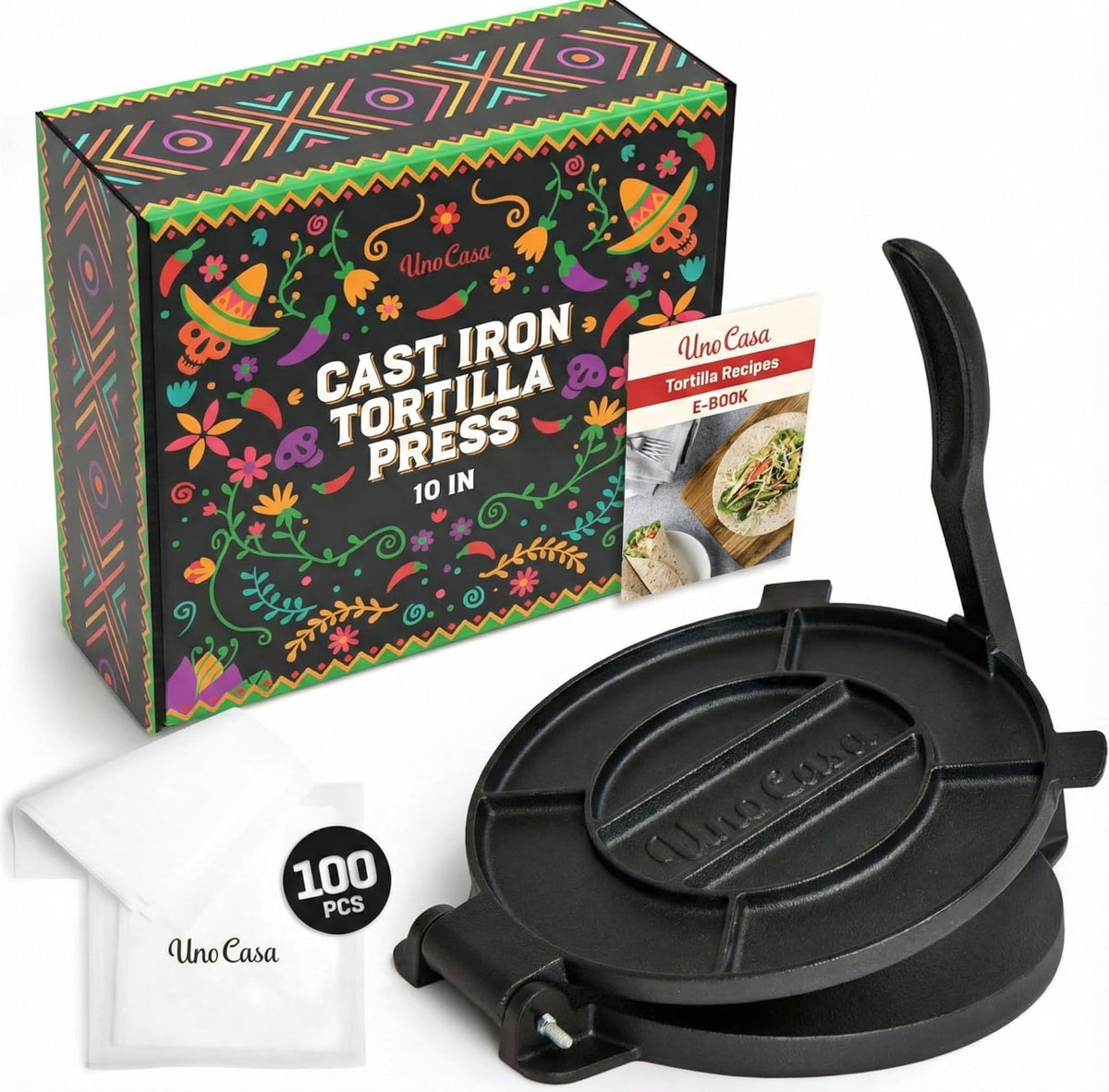Uno Casa tortilla press top view for easy, uniform tortillas.