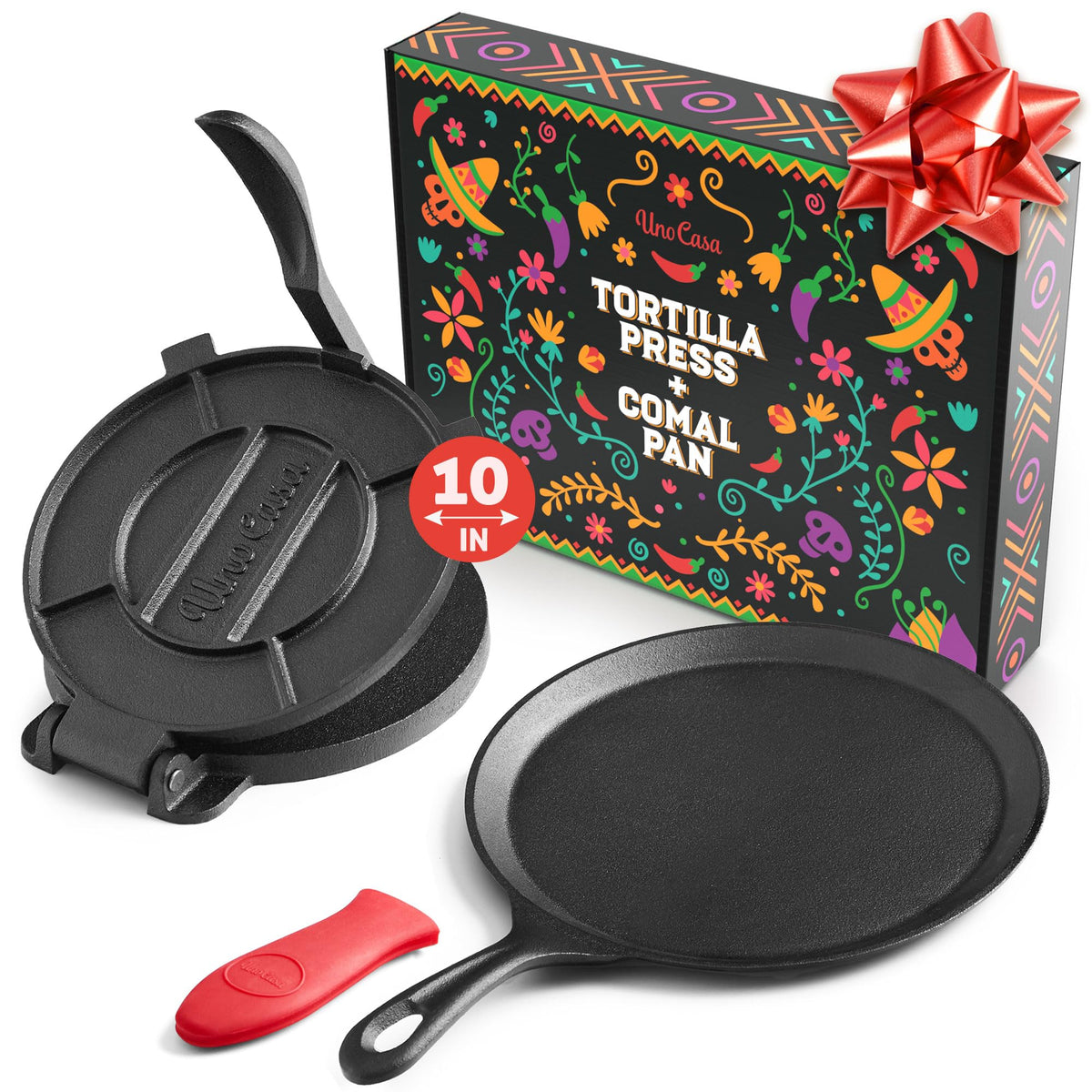 Uno Casa 10-inch tortilla press with smooth silicone handle for even, quick tortillas.