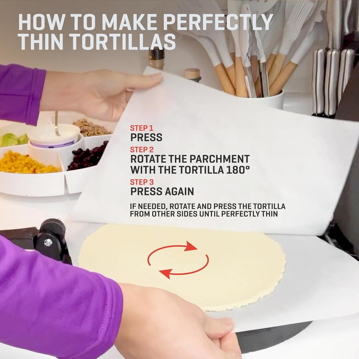 Uno Casa tortilla press parchment paper included for immediate use.
