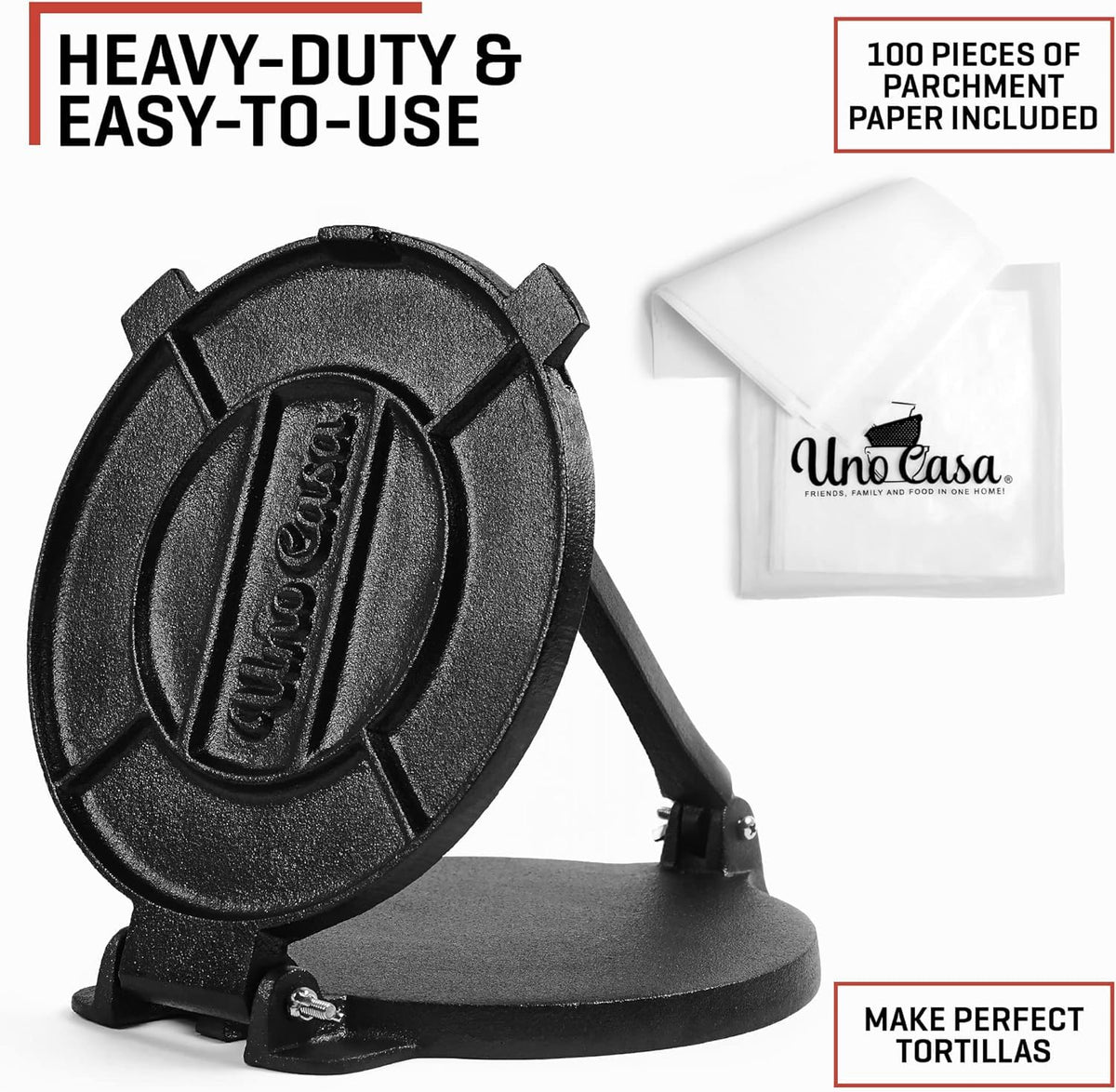 Uno Casa tortilla press ready to use for quick homemade tortillas.
